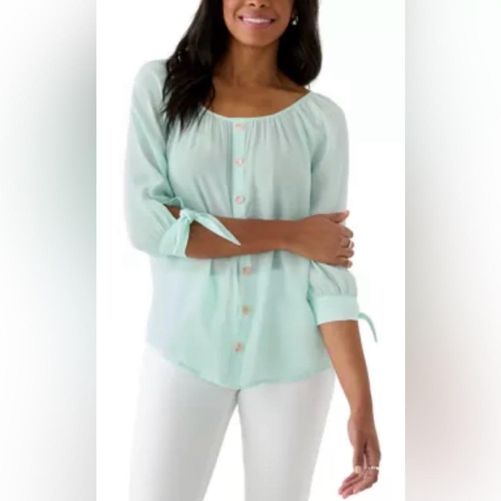 I.N. Studio Women's Button Front Tie Sleeve Blouse
